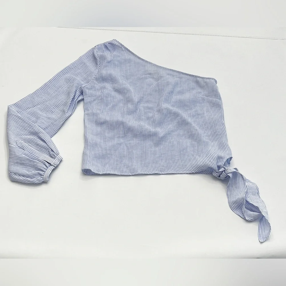 L’ Academie romantic sleeve blue & white pinstripe shirt size S - Picture 2 of 16